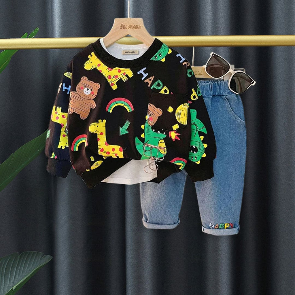 Boys All Over Printed Sweatshirt with Denim Set