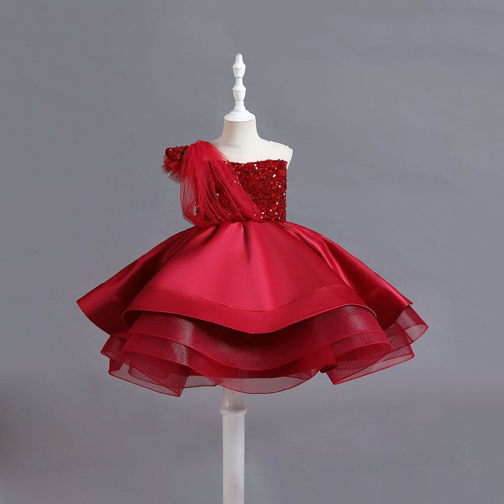 Girls Off-Shoulder Sequins Tiered Party Dress Casual Dresses Red 1-2 Y 