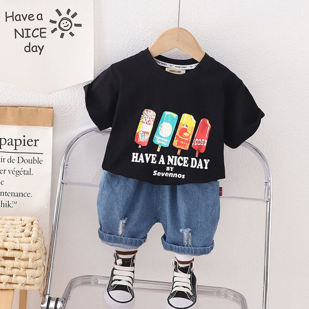 Boys Black Graphic Printed T-shirt with Denim Bermuda Sets Black 1-2 Y