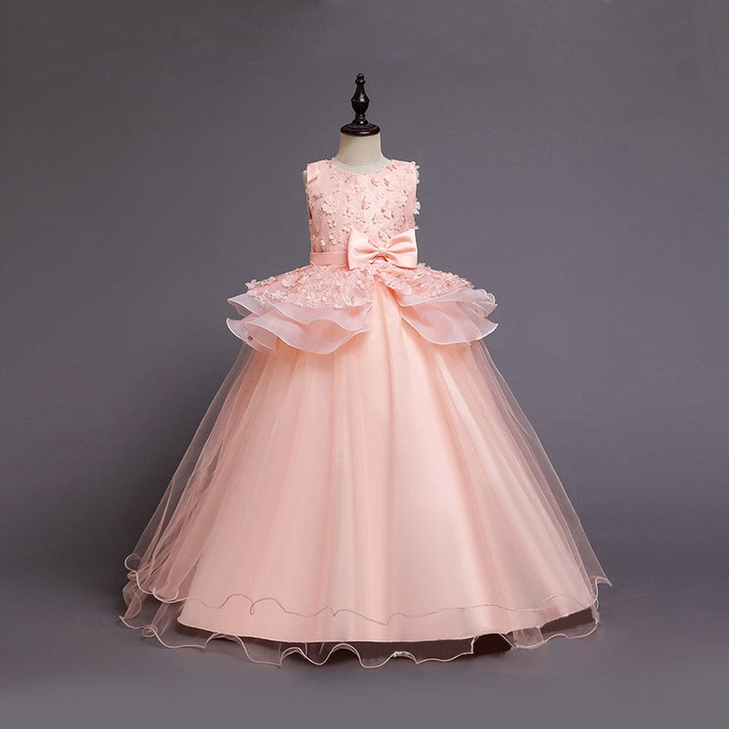 Girls Flower Applique Peplum Tulle Gown Casual Dresses Peach 6-7 Y 