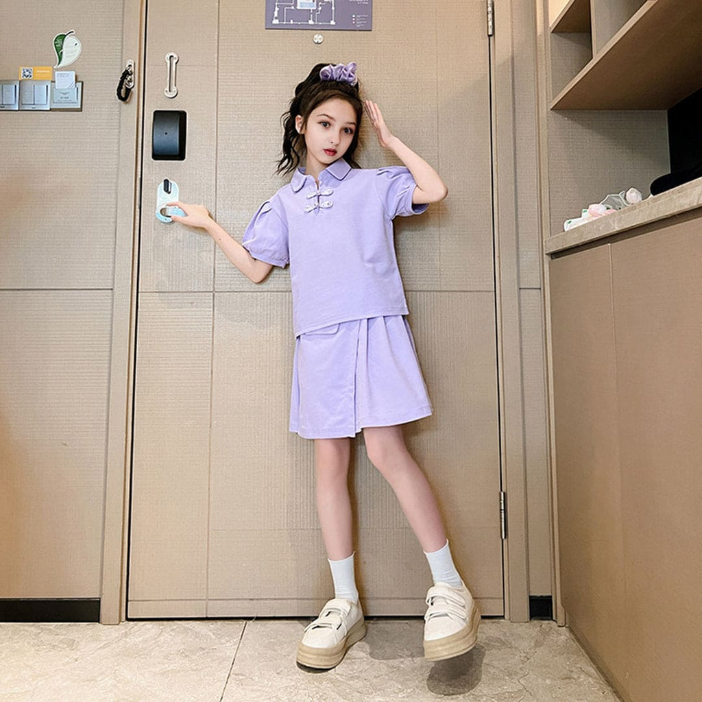 Girls Puff Sleeves Top With Overlap Skirt Set Sets   
