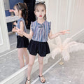 Girls Blue Striped Top with Shorts Set Sets Blue 3-4 Y 