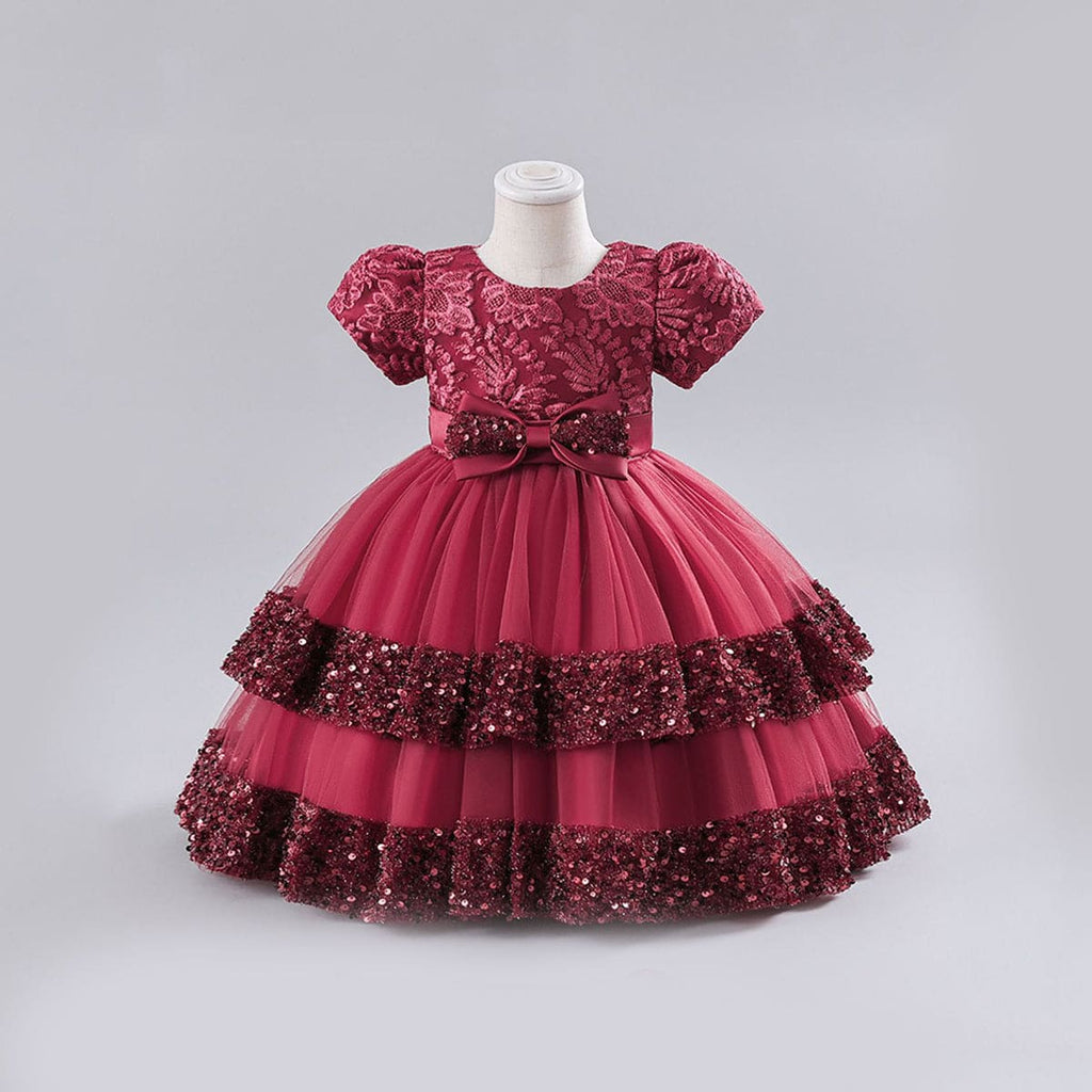 Girls Embroidered Tiered Party Dress Party Dresses Maroon 1-2 Y 