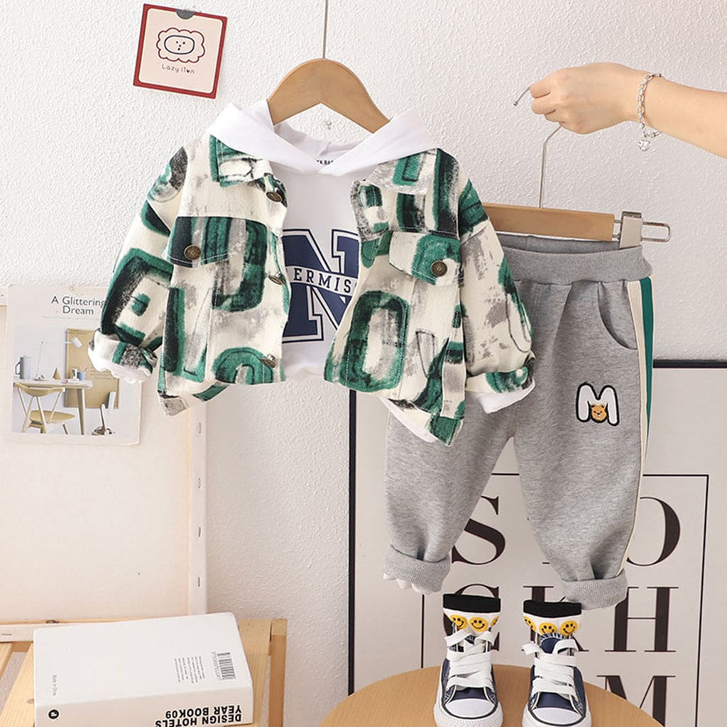 Boys Printed Hooded Sweatshirt with Jacket & Joggers Set Winterwear Sets Green 1-2 Y 