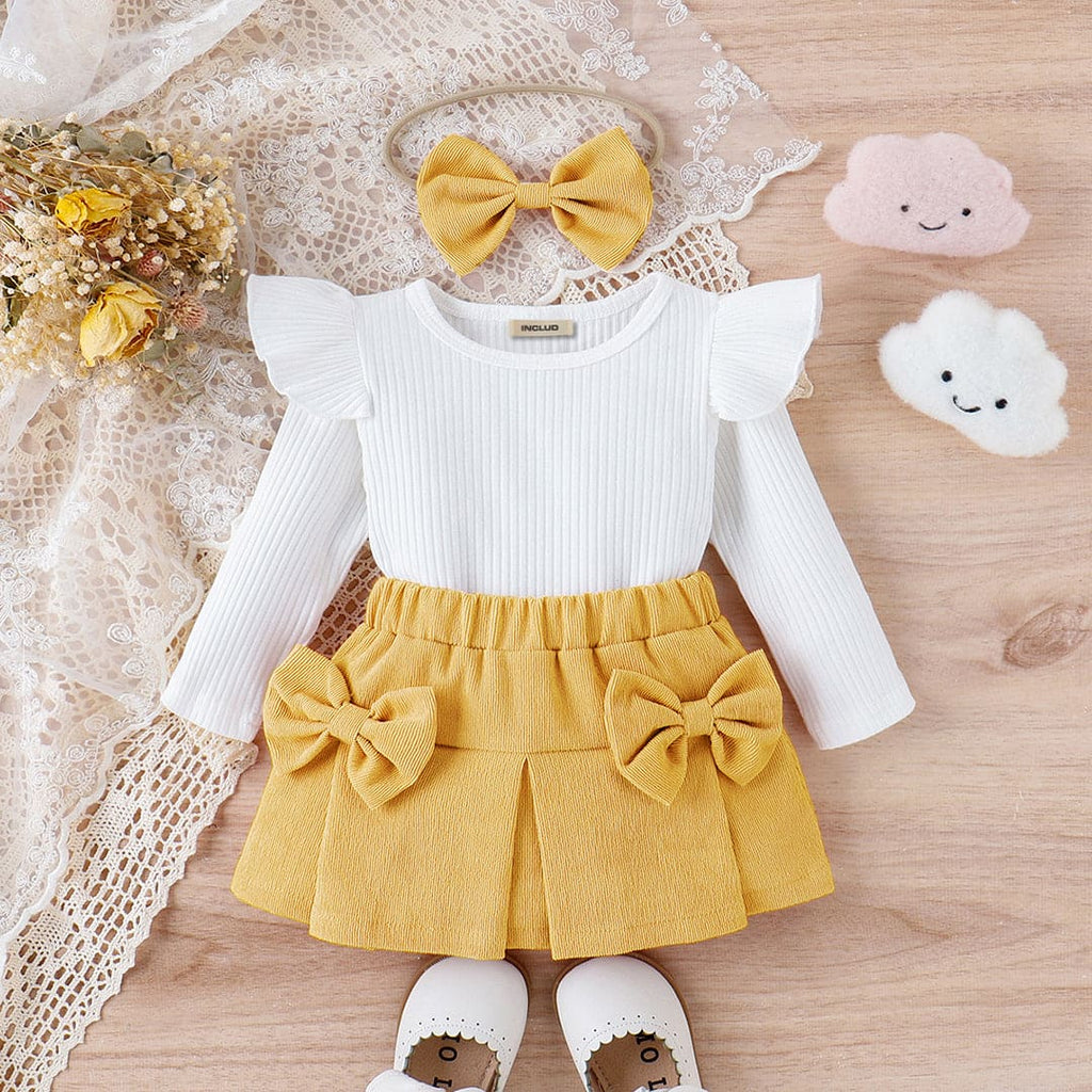 Girls Long Sleeve Top With Skirt & Headband Set Sets Yellow 1-2 Y 