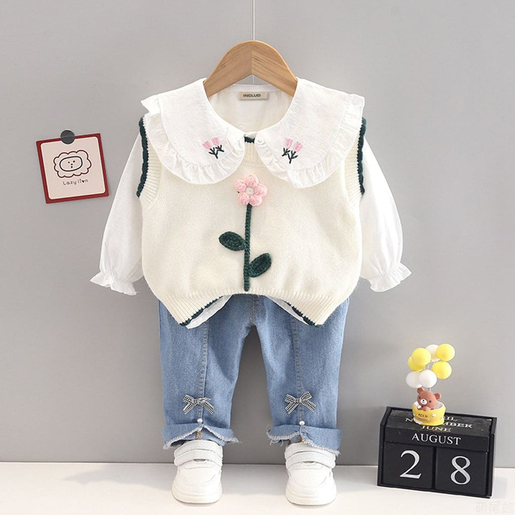 Girls Top with Sweater & Denims Set Sets Off White 1-2 Y