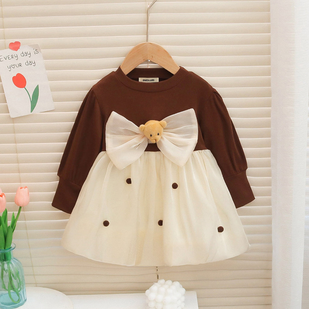 Girls Bow Applique Tulle Overlay Dress Casual Dresses Light Brown 1-2 Y 