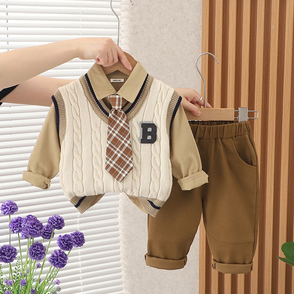 Boys Shirt with Sleeveless Pullover & Trousers Set Sets Off White 1-2 Y 