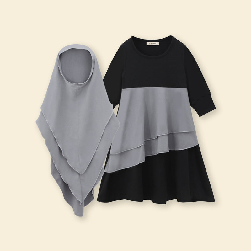 Girls Long Sleeve Colorblocked Dress With Head Scarf Casual Dresses   