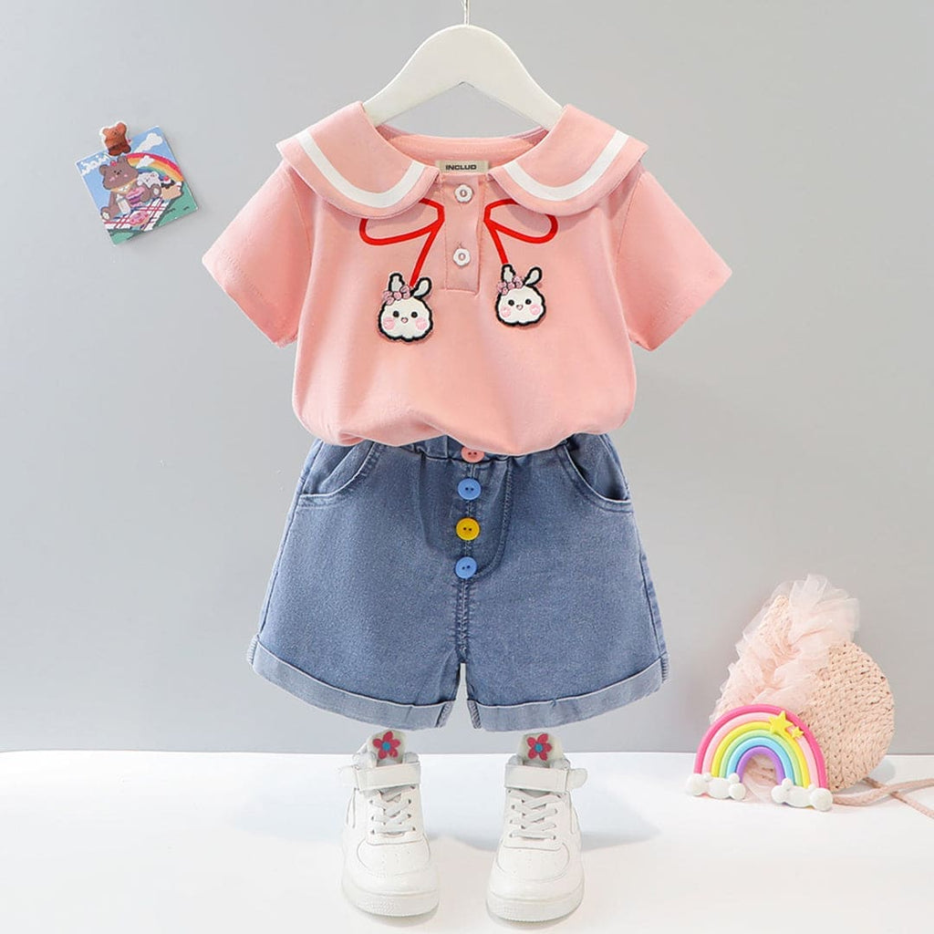 Girls Pink T-shirt with Denim Shorts Set Sets Pink 1-2 Y 