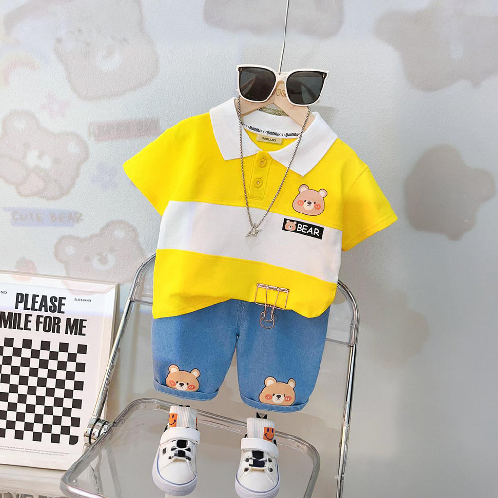 Boys Bear Printed T-shirt with Denim Shorts Set Sets Yellow 1-2 Y 