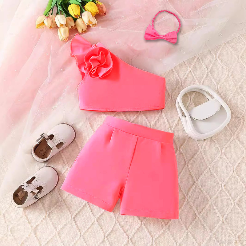 Girls Red One Shoulder Flower Applique Top With Shorts & Hairband Set 3 pc. Sets Red 1-2 Y