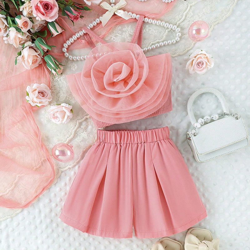 Girls Flower Applique Camisole Top With Shorts Set Sets Pink 4-5 Y