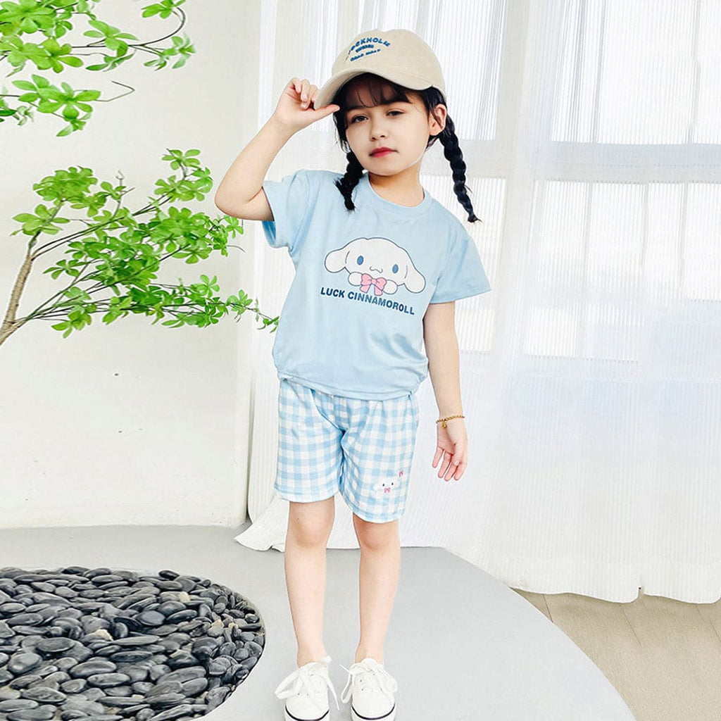 Girls Cartoon Graphic Top With Checked Shorts sets Blue 1-2 Y 