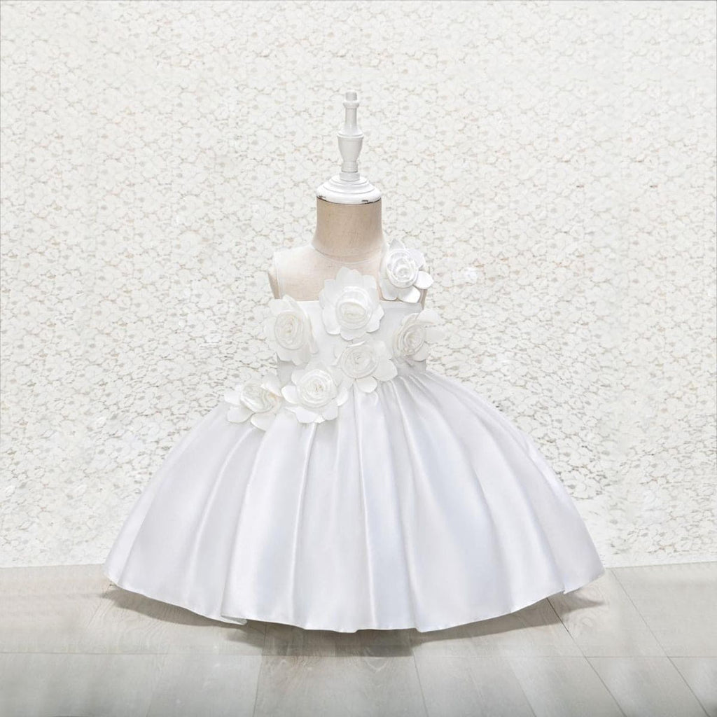 Girls Flower Applique Sateen Party Dress Party Dresses White 1-2 Y 