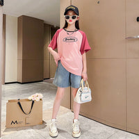 Girls Pink Colorblocked Raglan Sleeves T-shirt Sets