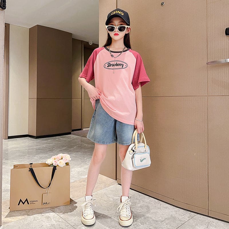 Girls Pink Colorblocked Raglan Sleeves T-shirt Sets