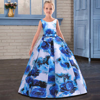 Girls Floral Print Pleated Gown Party Dresses Blue 6-7 Y 