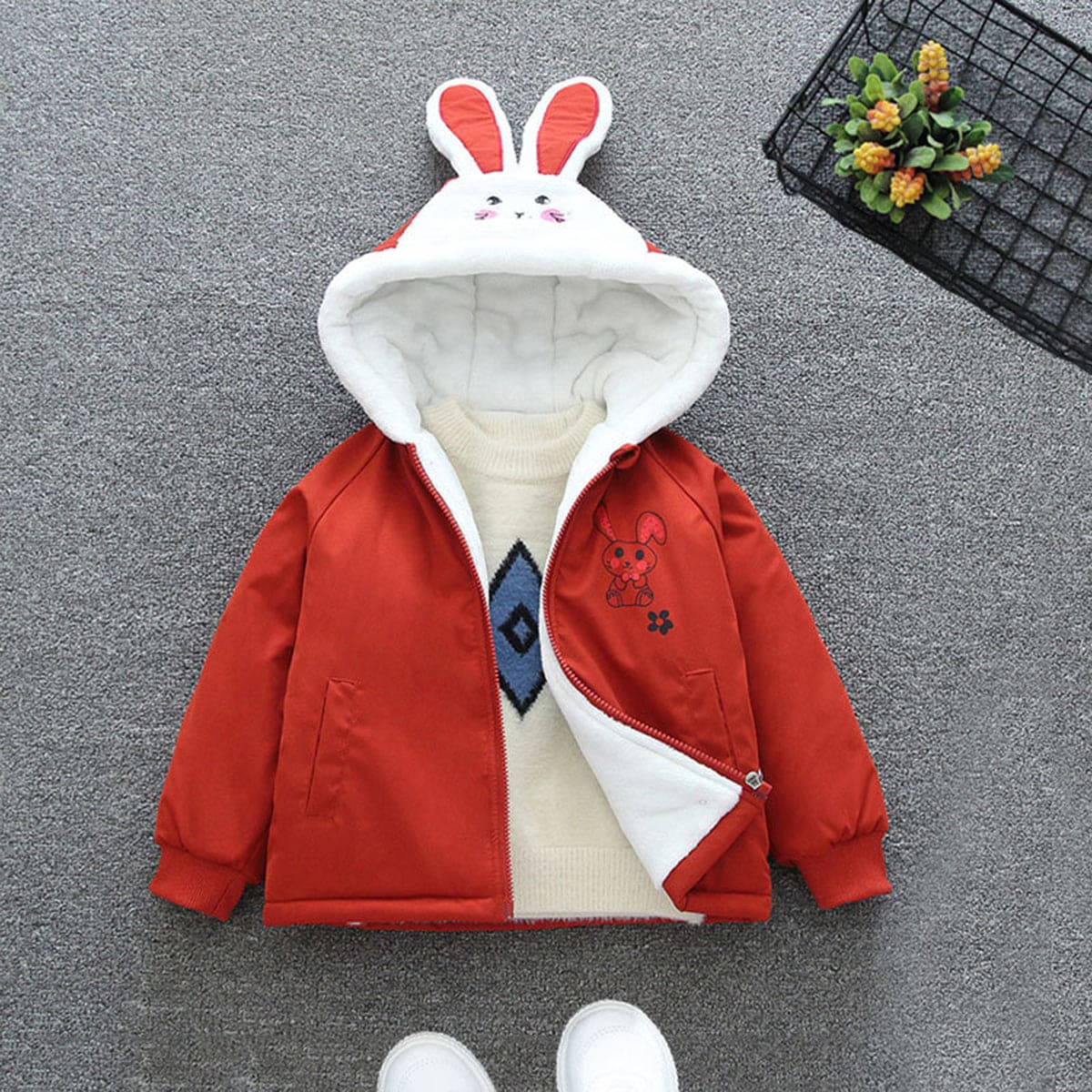 Girls Red Hooded Rabbit Ear Jacket With Inner Lining Coats & Jackets Red 1-2 Y