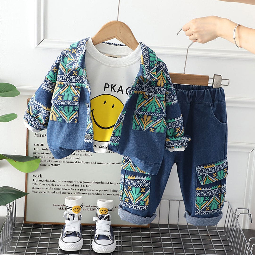 Boys Denim Printed Shirt with T-shirt & Pants Set Sets Blue 1-2 Y 