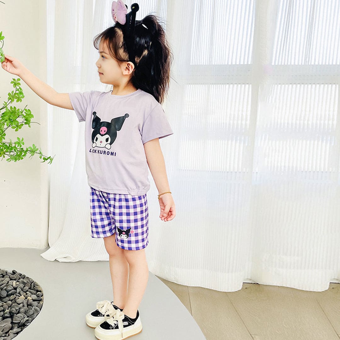 Girls Cartoon Graphic Top With Checked Shorts sets   