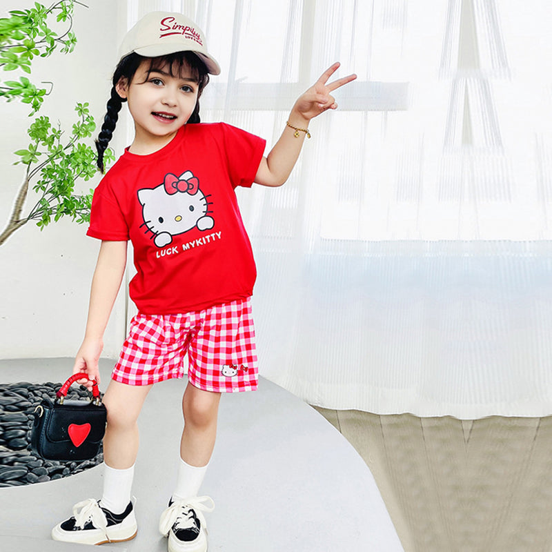 Girls Cartoon Graphic Top With Checked Shorts sets   