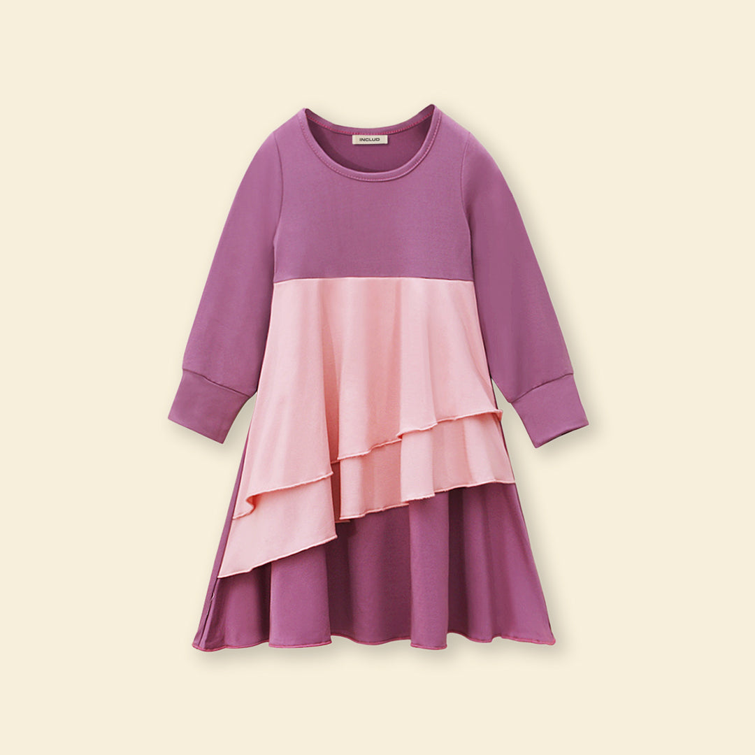 Girls Long Sleeve Colorblocked Dress With Head Scarf Casual Dresses   