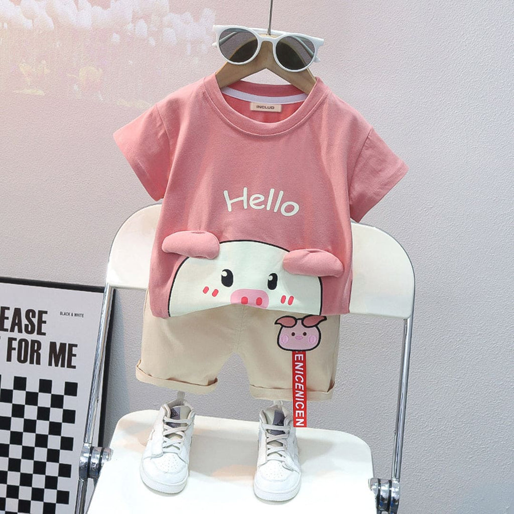 Boys Hello Graphics T-Shirt & Shorts Sets Pink 1-2 Y 