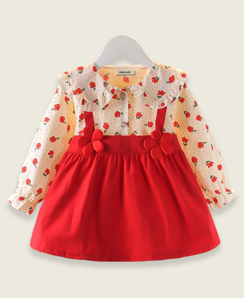 Girls Faux Strap Dress with Flower Applique
