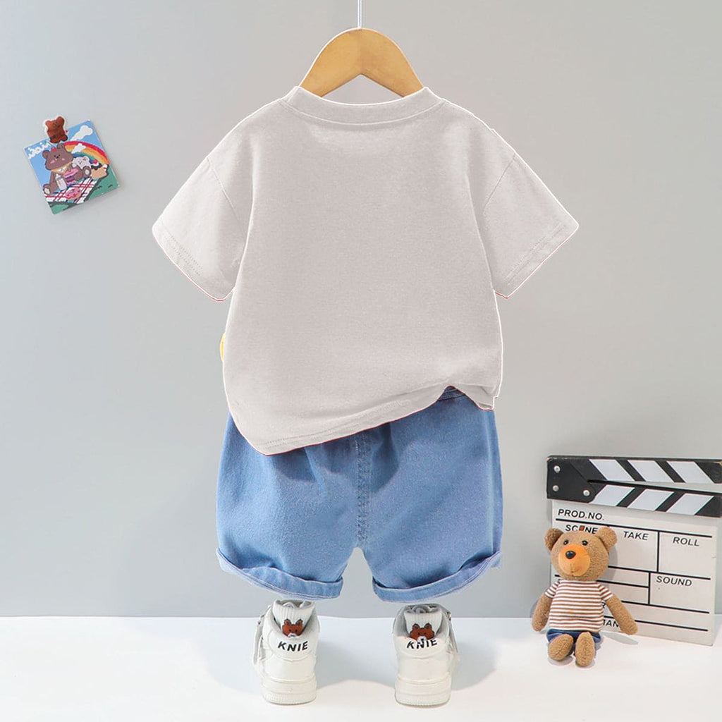 Boys Grey 3D Patch Applique T-shirt & Denim Shorts Set Sets   
