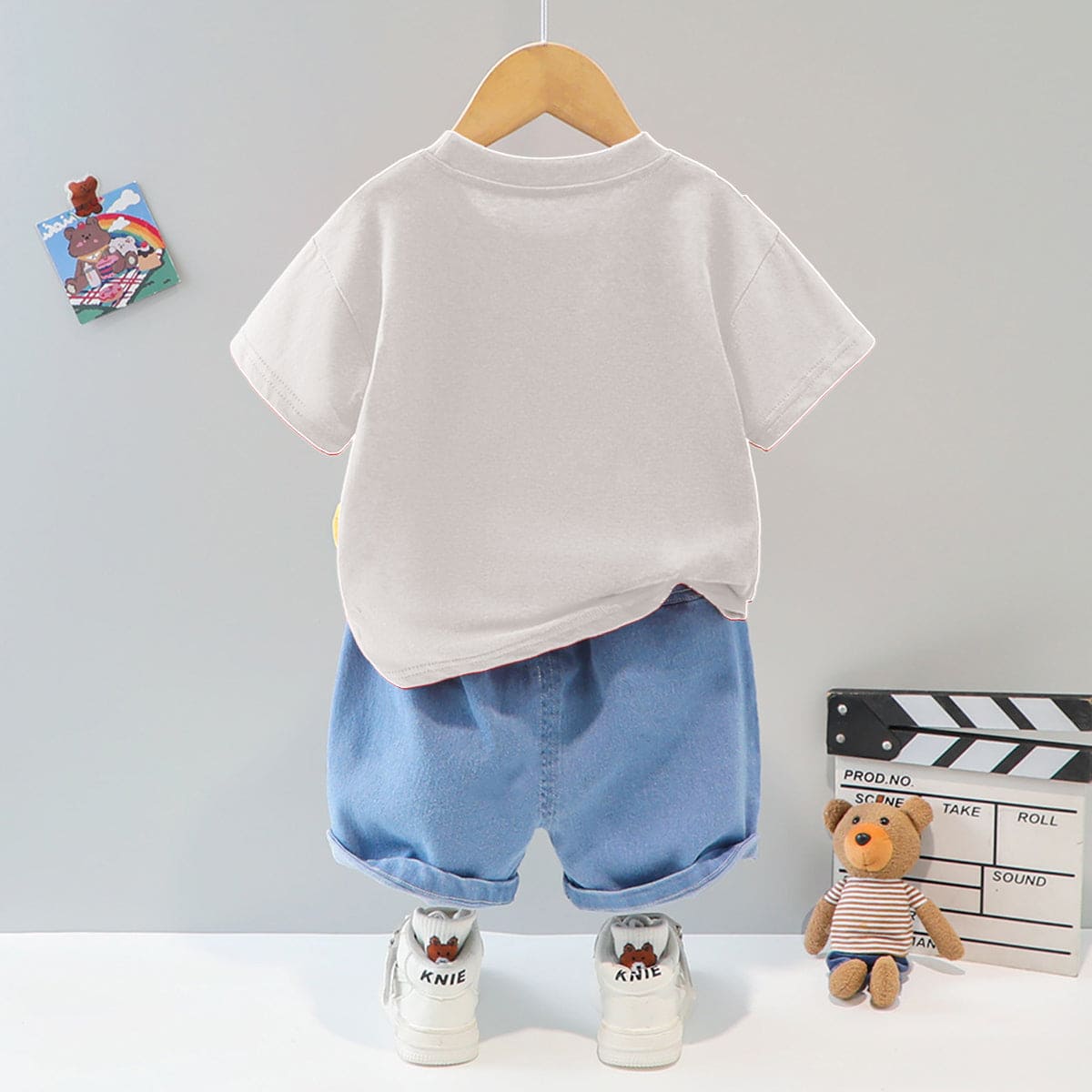 Boys Grey 3D Patch Applique T-shirt & Denim Shorts Set Sets   