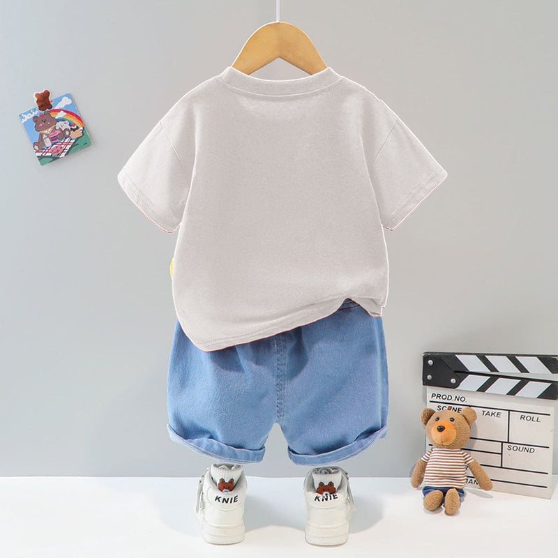Boys Grey 3D Patch Applique T-shirt & Denim Shorts Set Sets   