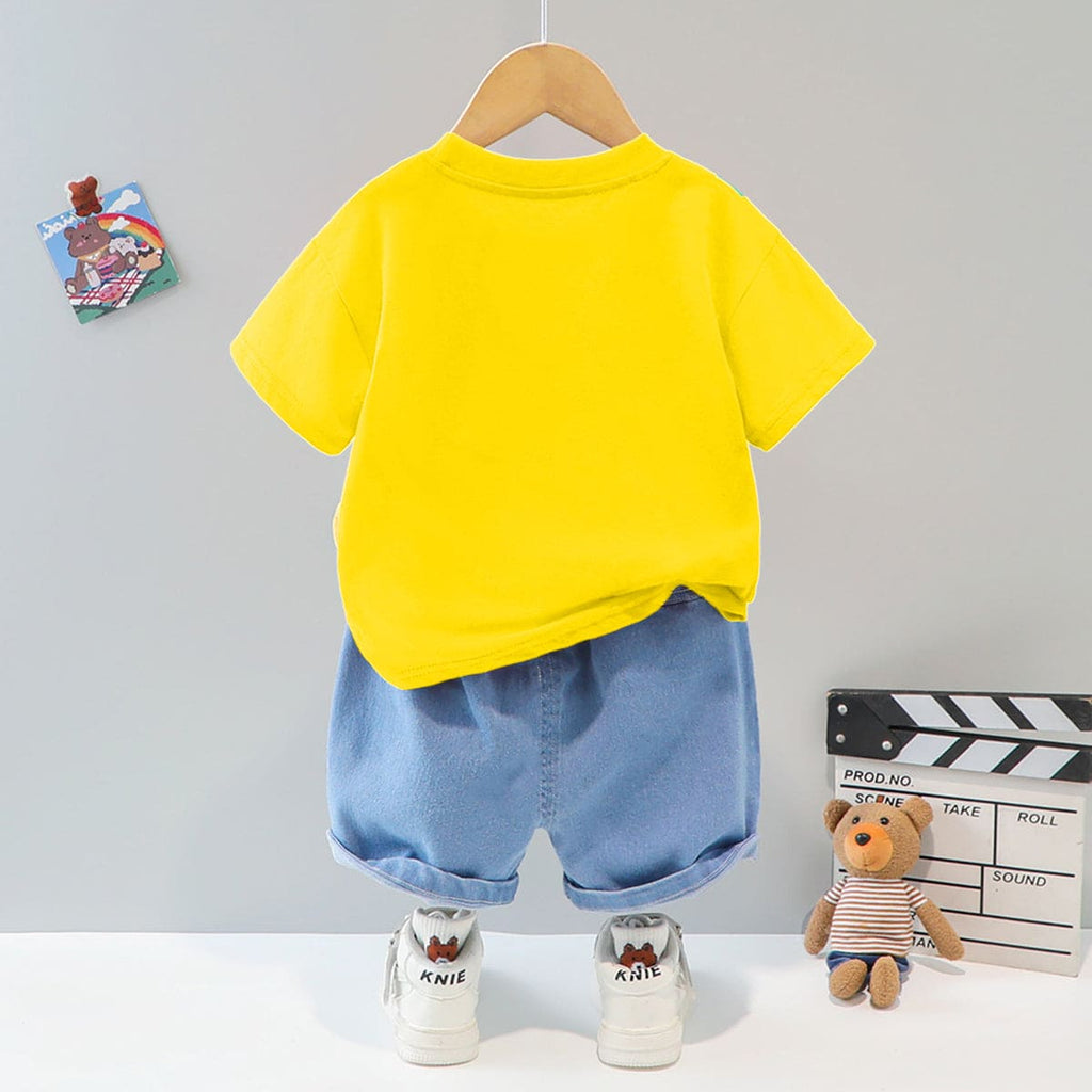 Boys Yellow 3D Patch Applique T-shirt & Denim Shorts Set Sets   