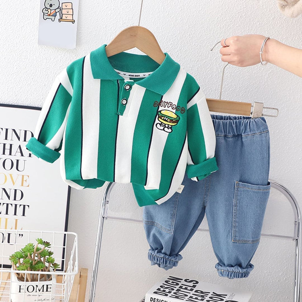 Boys Green Striped Polo T-shirt with Denims Set