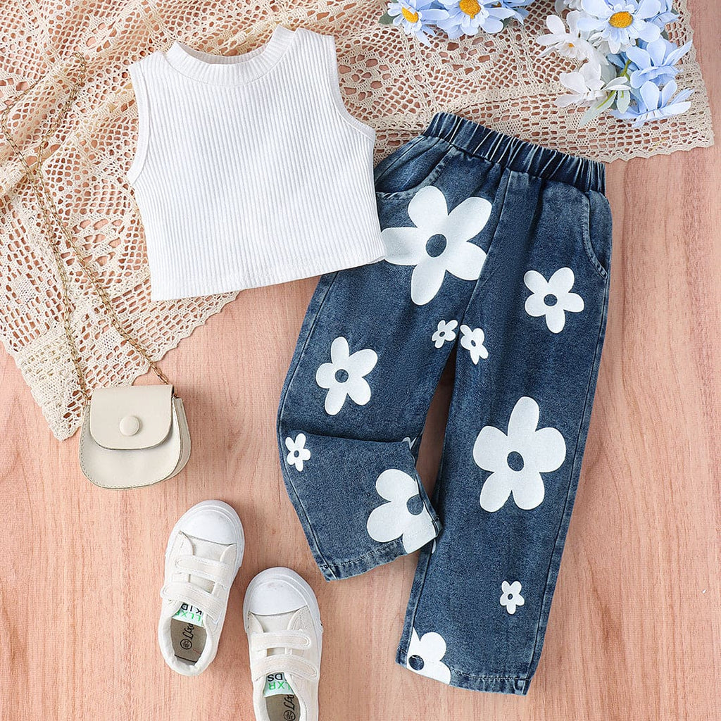 Girls Crop Top With Printed Elasticated Denims Set Sets White 1-2 Y 