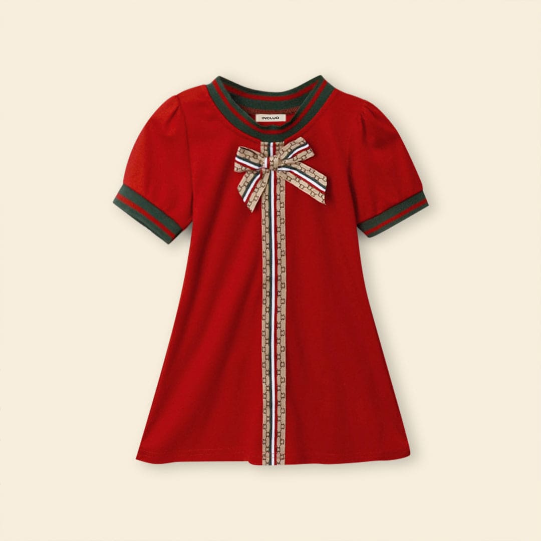 Girls Red Short Sleeve Rib Neck Dress With Bow Applique Casual Dresses   