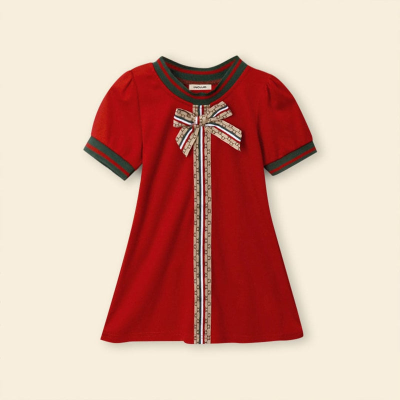 Girls Red Short Sleeve Rib Neck Dress With Bow Applique Casual Dresses   