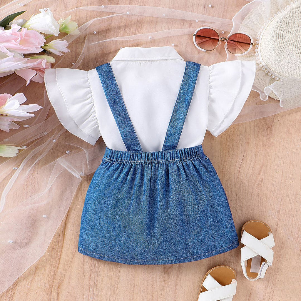 Girls Flared Sleeve Shirt With Suspender Denim Skirt Set 2 pc. Sets   