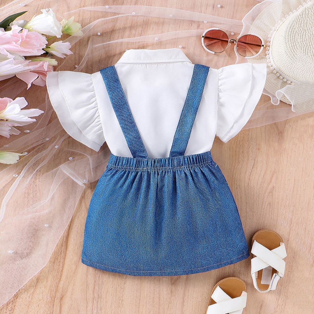 Girls Flared Sleeve Shirt With Suspender Denim Skirt Set 2 pc. Sets   