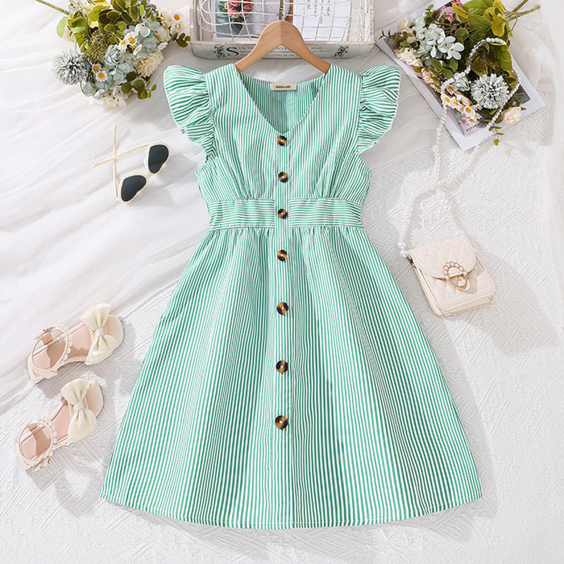 Girls Light Green Stripped Futter Sleeves Fit & Flare Casual Dress – INCLUD