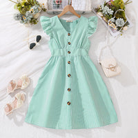 Girls Light Green Stripped Futter Sleeves Fit & Flare Casual Dress Casual Dresses