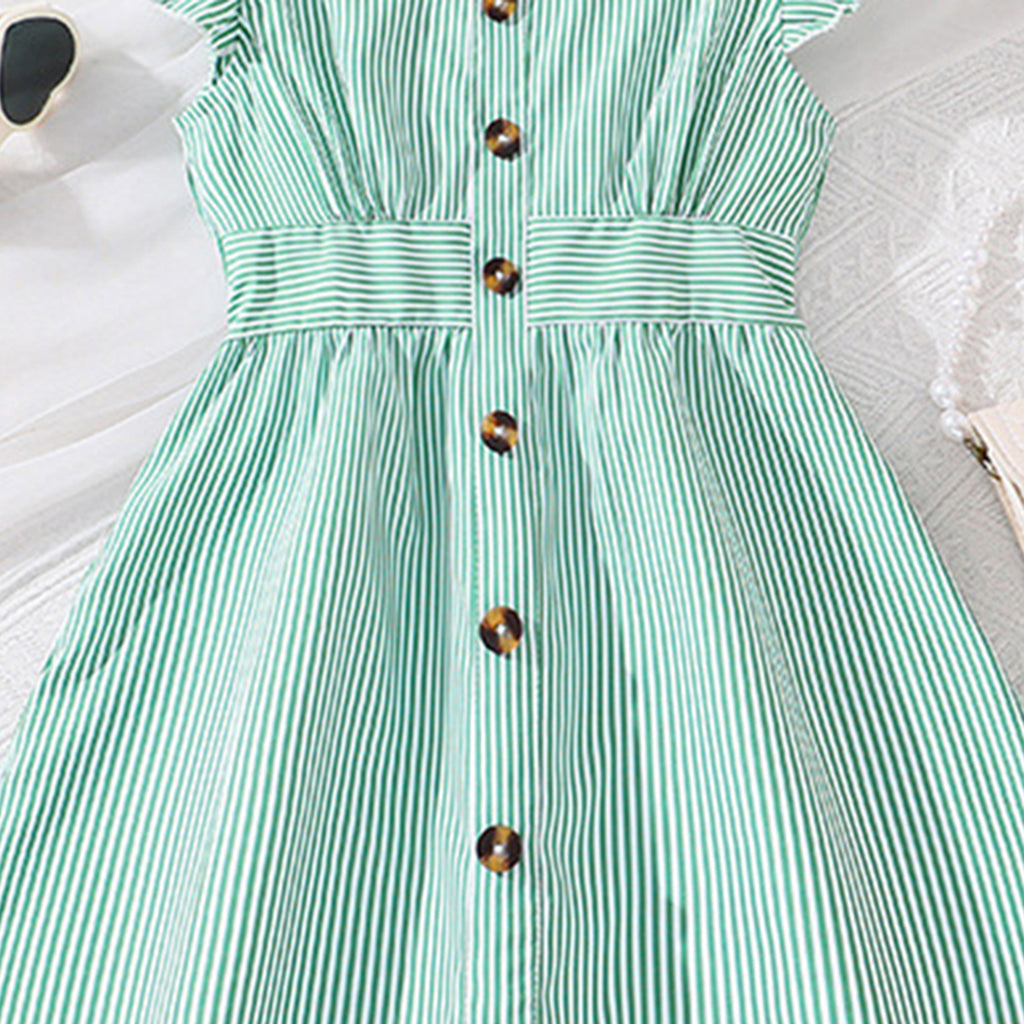 Girls Light Green Stripped Futter Sleeves Fit & Flare Casual Dress Casual Dresses