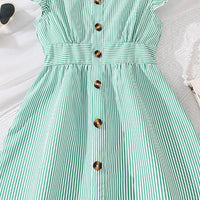 Girls Light Green Stripped Futter Sleeves Fit & Flare Casual Dress Casual Dresses