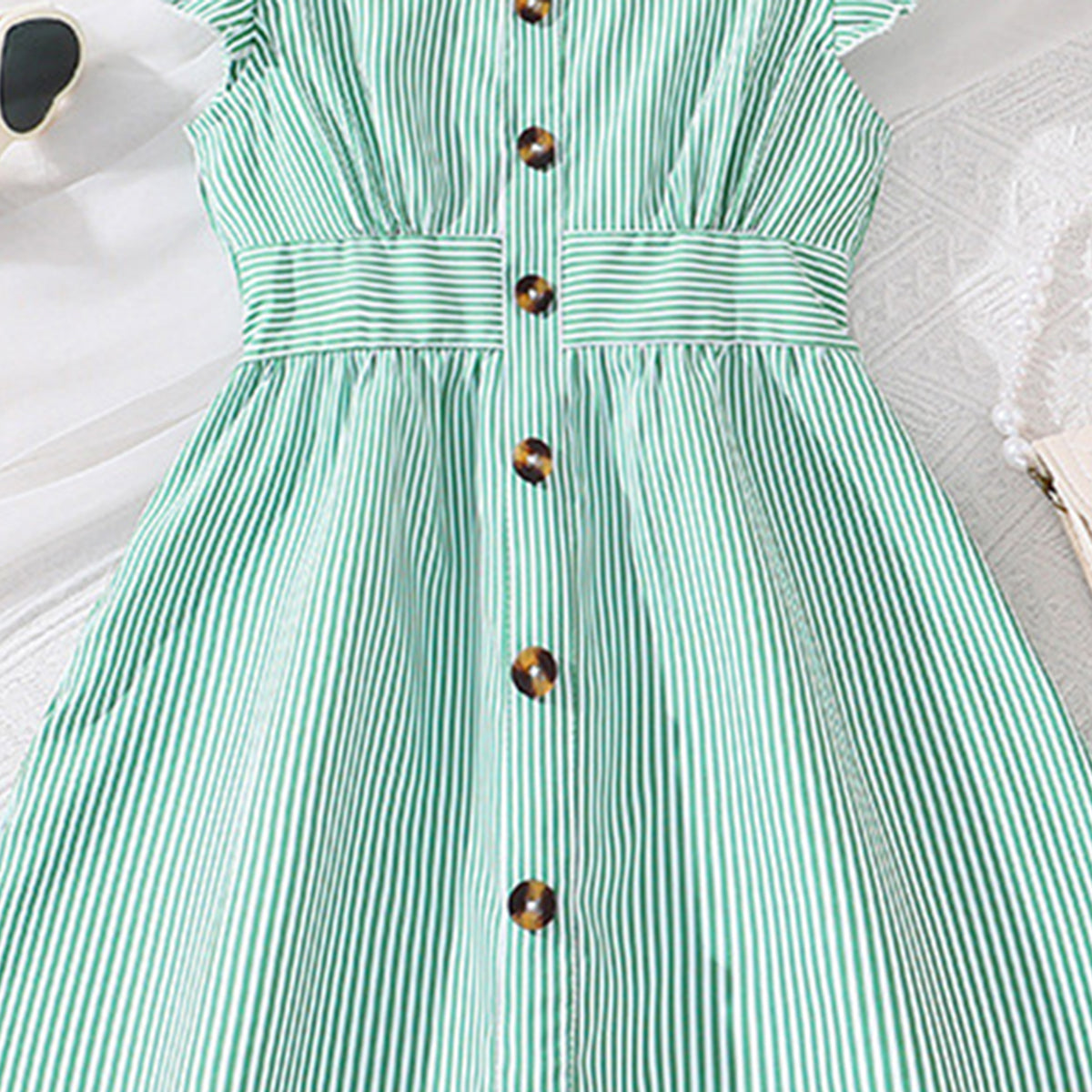 Girls Light Green Stripped Futter Sleeves Fit & Flare Casual Dress Casual Dresses