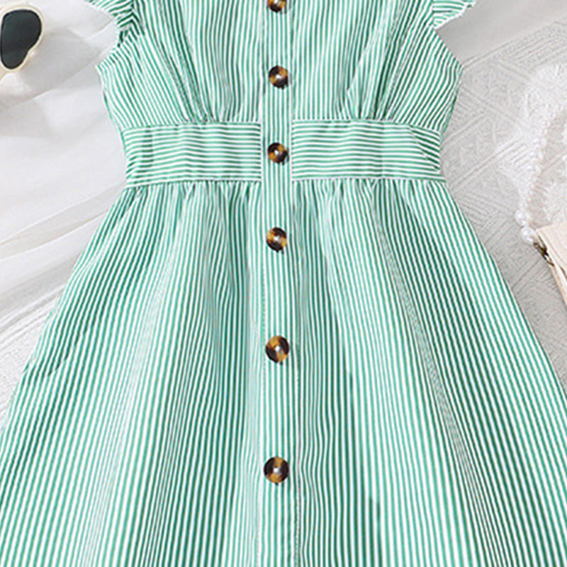 Girls Light Green Stripped Futter Sleeves Fit & Flare Casual Dress Casual Dresses