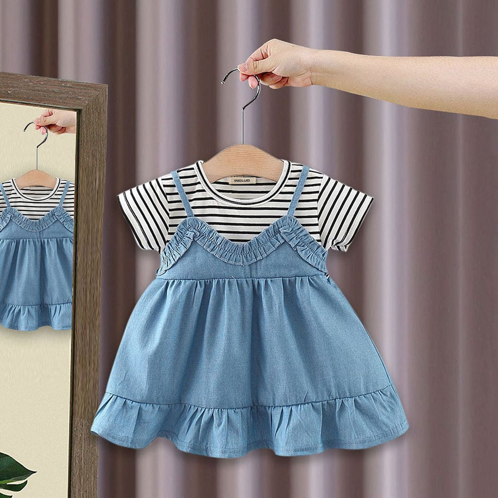 Girls Short Sleeve Striped Denim Dress Casual Dresses Light Blue 1-2 Y 