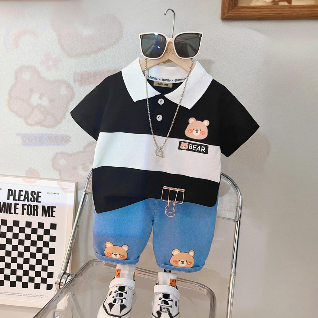 Boys Bear Printed T-shirt with Denim Shorts Set Sets Black 1-2 Y 