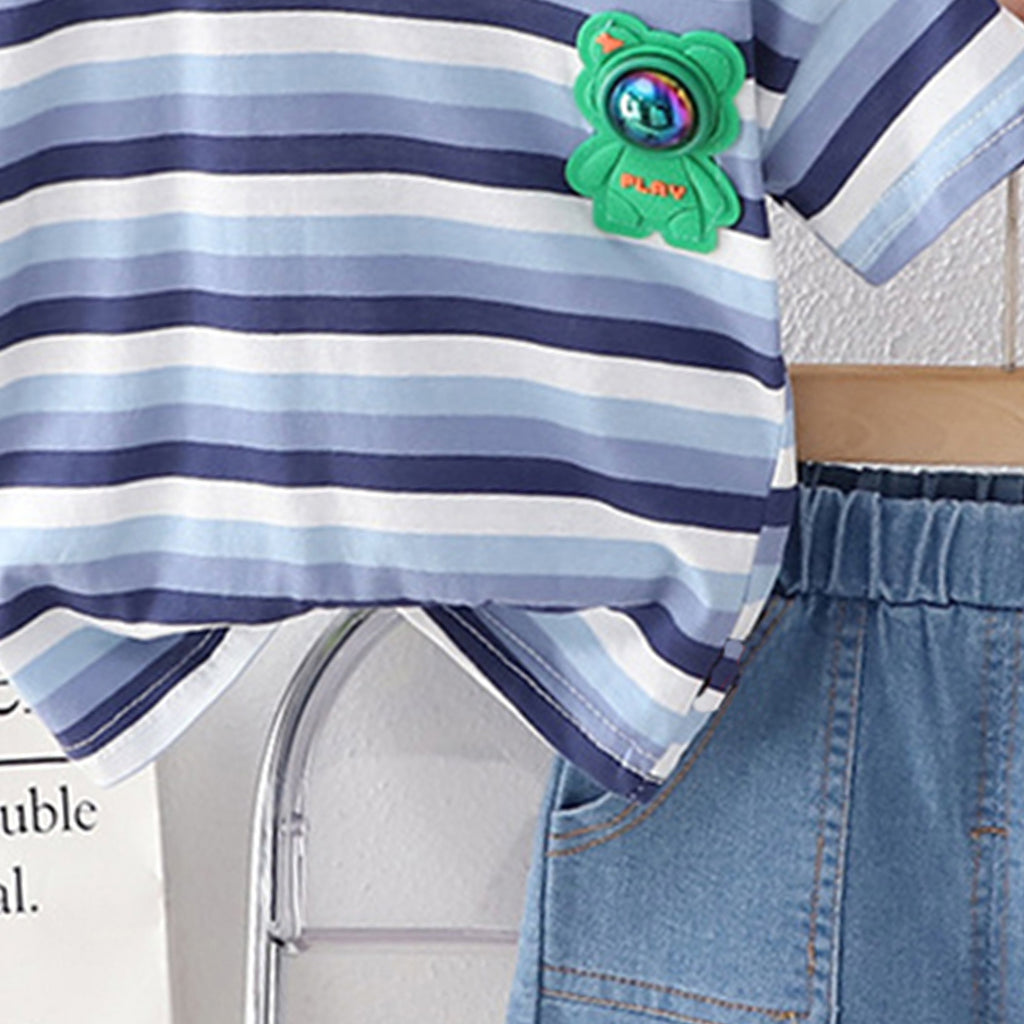 Boys Astronaut Badge Stripes T-Shirt & Denim Shorts Sets   