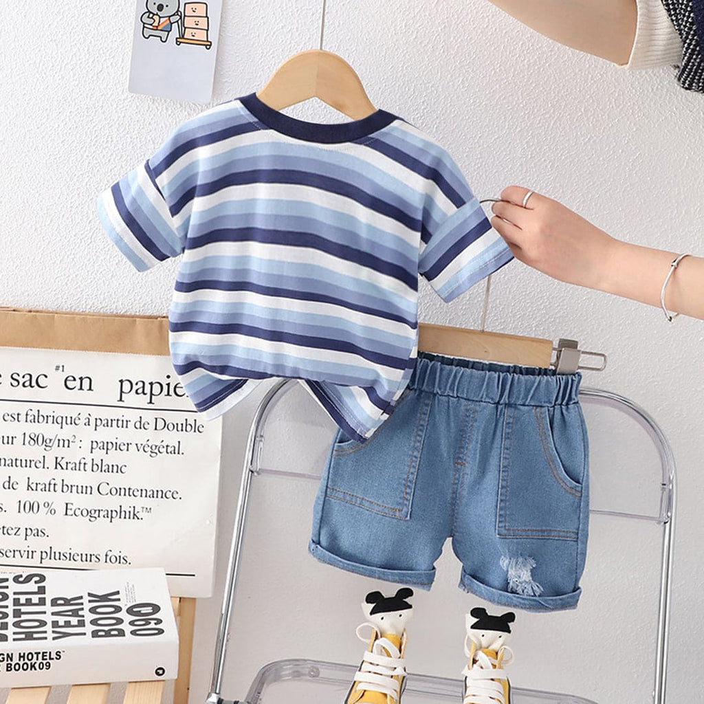 Boys Astronaut Badge Stripes T-Shirt & Denim Shorts Sets   