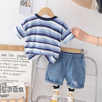 Boys Astronaut Badge Stripes T-Shirt & Denim Shorts Sets   
